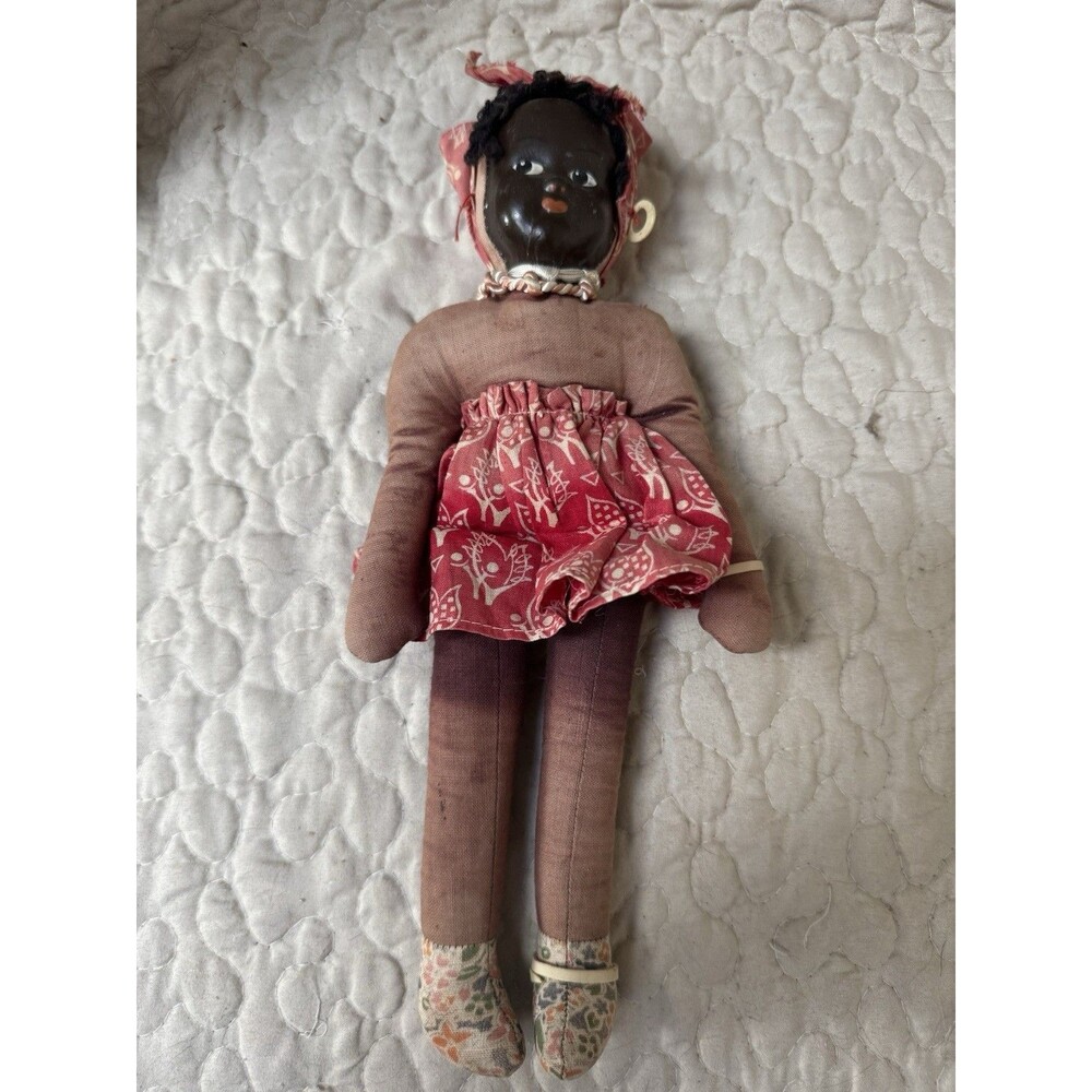 Vintage African Folk Art Cloth Doll Composition Face Sawdust Stuffed Red Dress